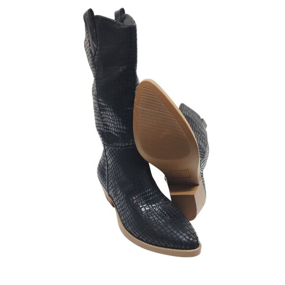 Black Croc-Embossed Mid-Calf Western Boots Size 6M Faux Leather Upper Block Heel - Picture 10 of 10